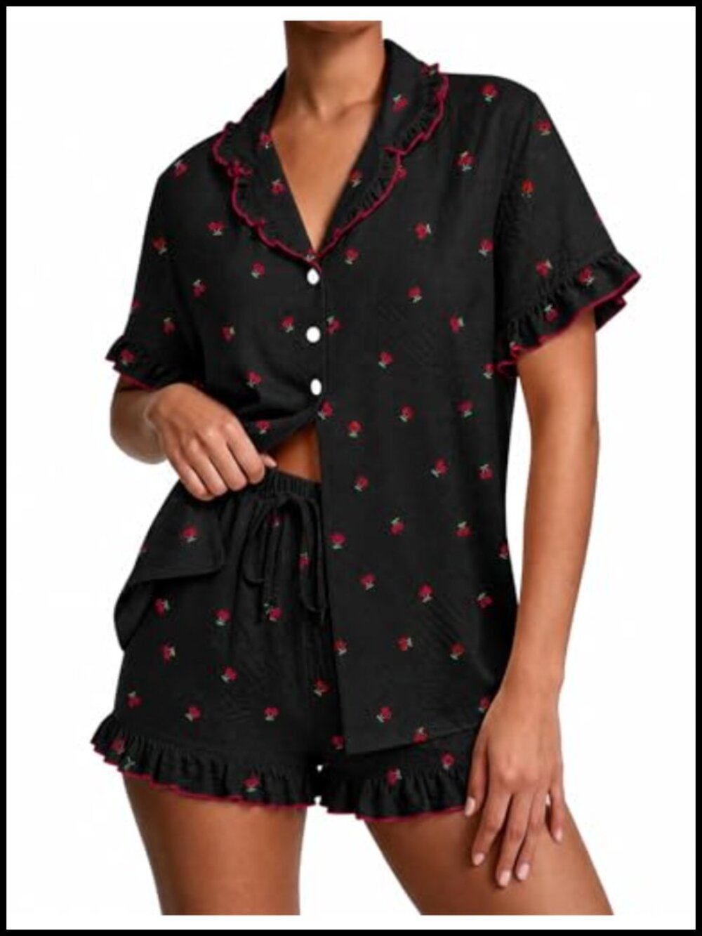 SWOMOG Women's Pajama Set Ruffle Button Down Short Sleeve 2 Piece Loungewear